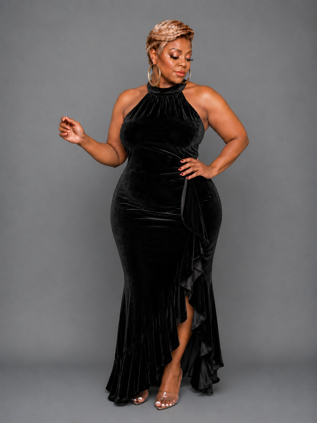 Black Velvet Cascading Gown