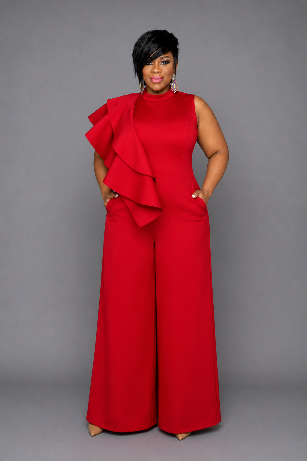 Red Shoulder Cascading Jumpsuit