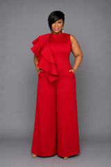 Red Shoulder Cascading Jumpsuit