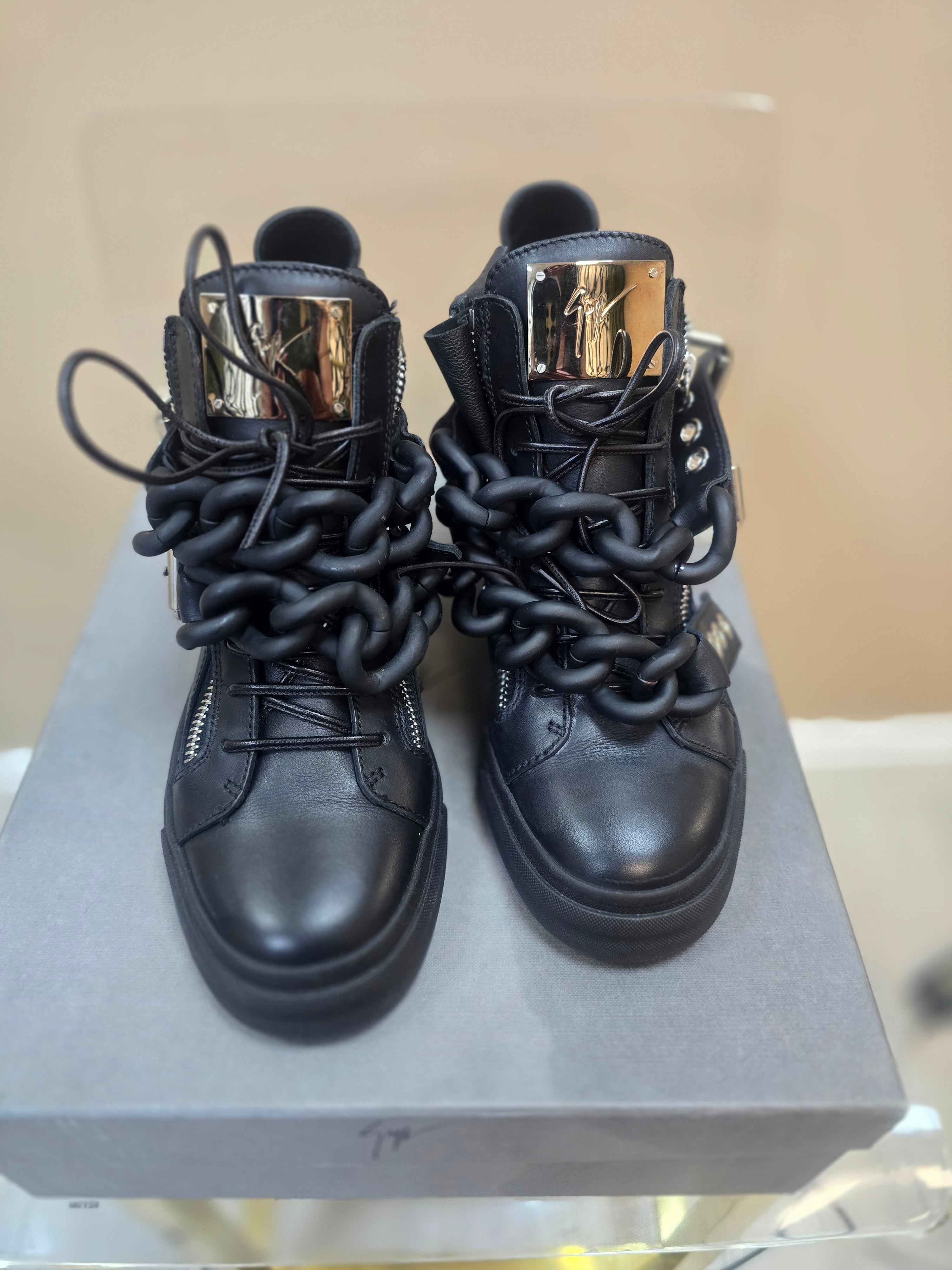Black Double Chain Leather High Top Sneakers