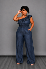 One Shoulder Denim Jumpsuit