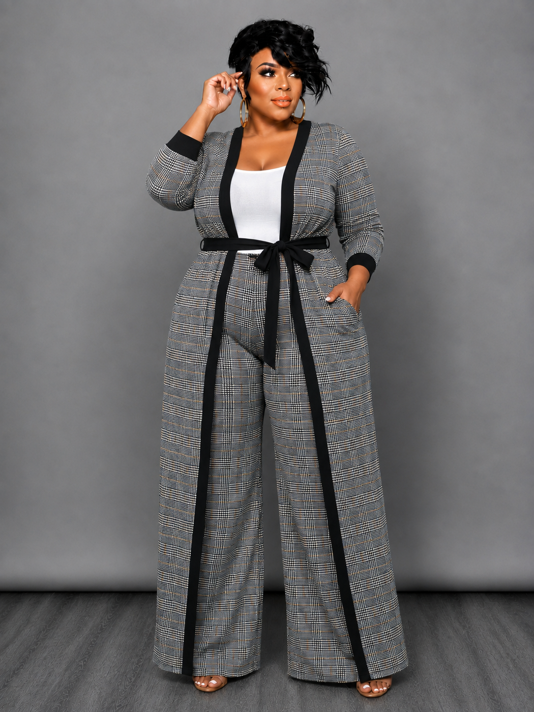 Grey Plaid Cardigan Set