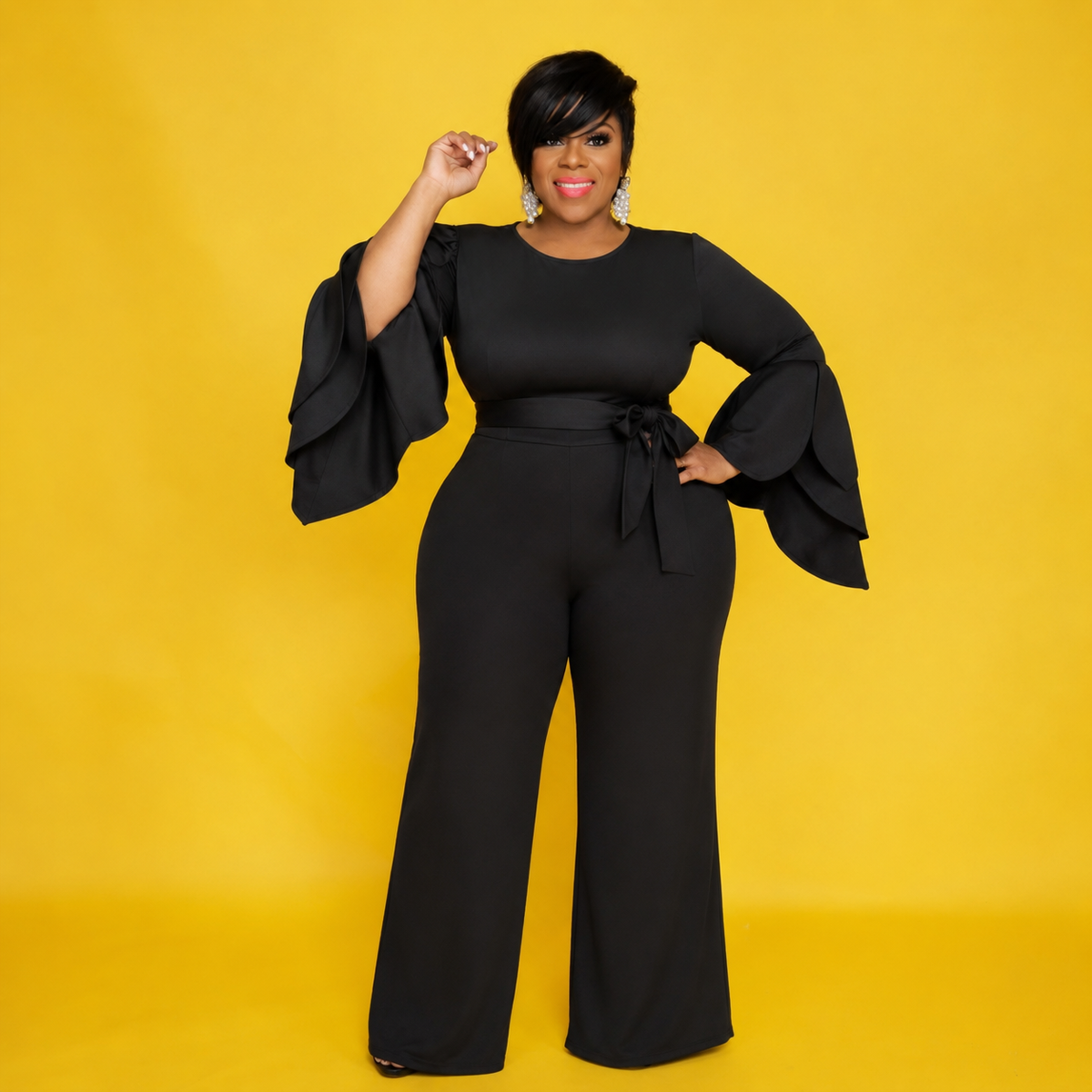 Black Petal Sleeve Jumpsuit