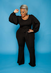 Black Rib Balloon Sleeves Jumpsuit
