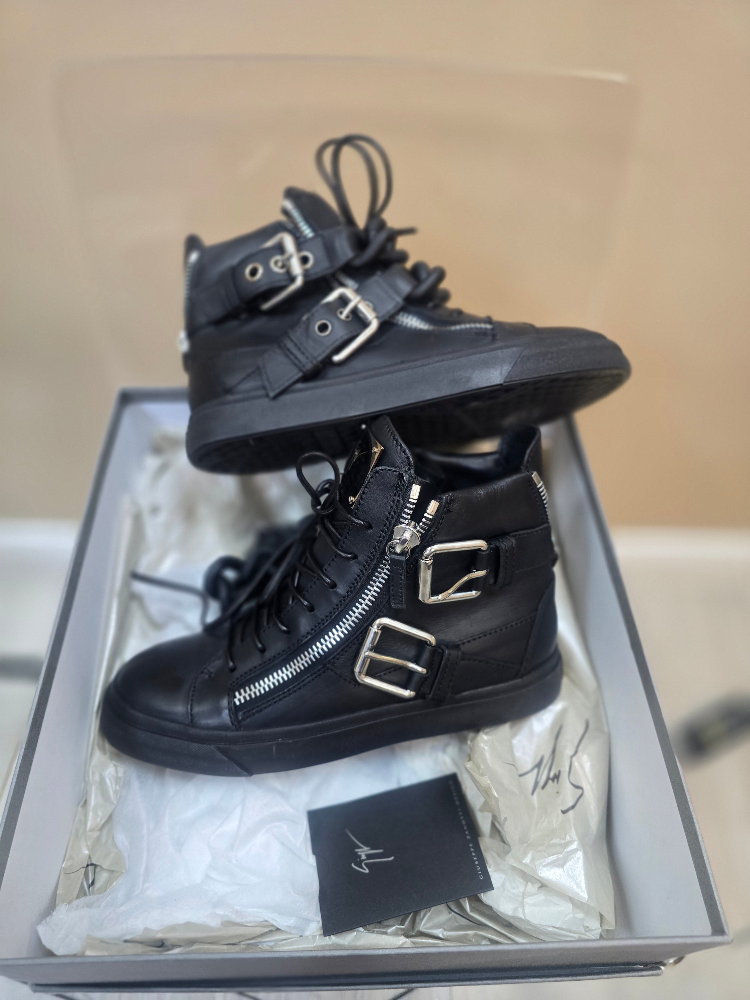 Black Double Chain Leather High Top Sneakers