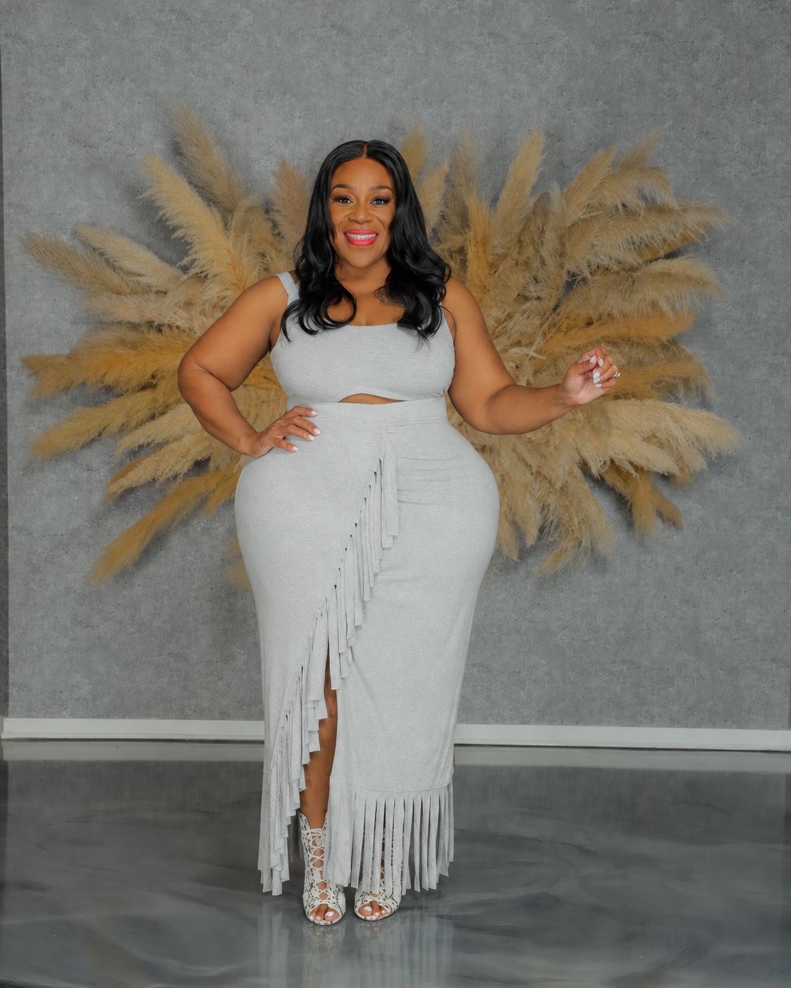 Grey Fringe Skirt Set