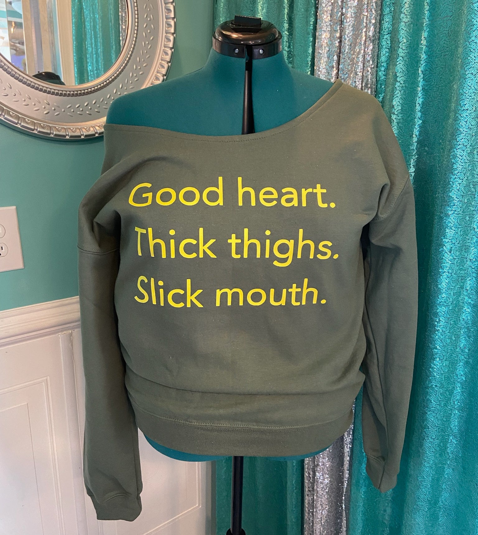 Green Good Heart Off Shoulder Sweatshirt