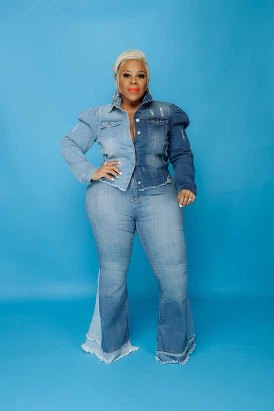Two Shade Puff Sleeve Denim Jacket