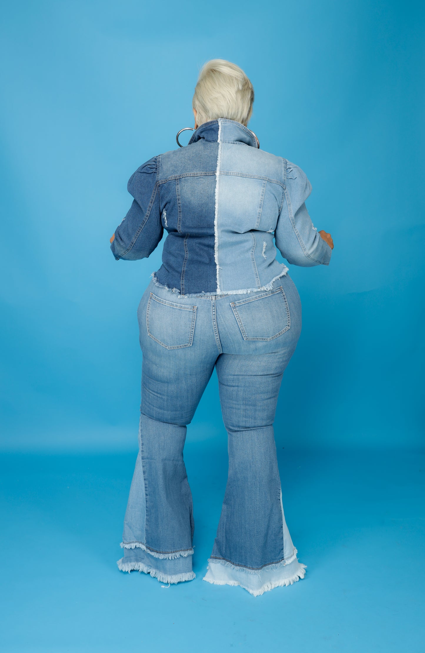 Two Shade Puff Sleeve Denim Jacket
