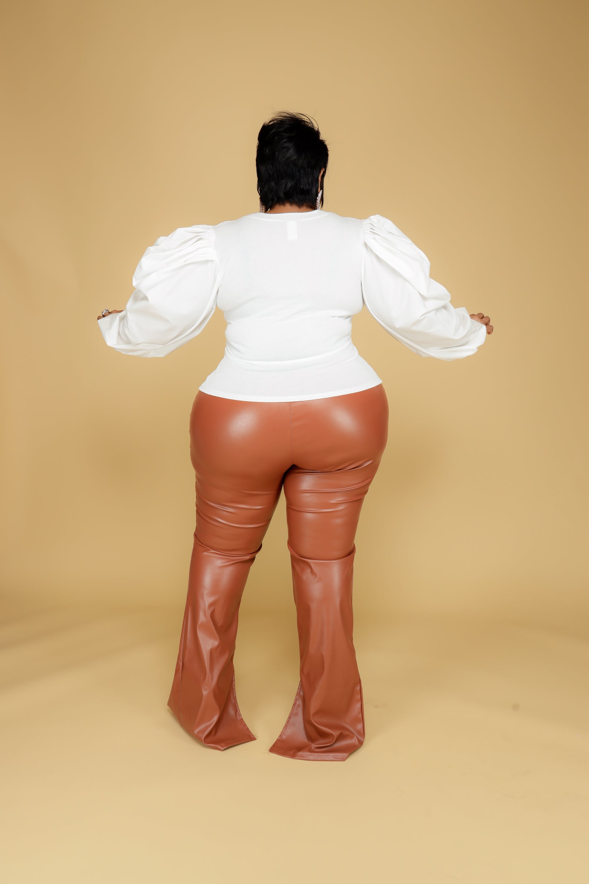 Cognac Faux Leather Slit Pants