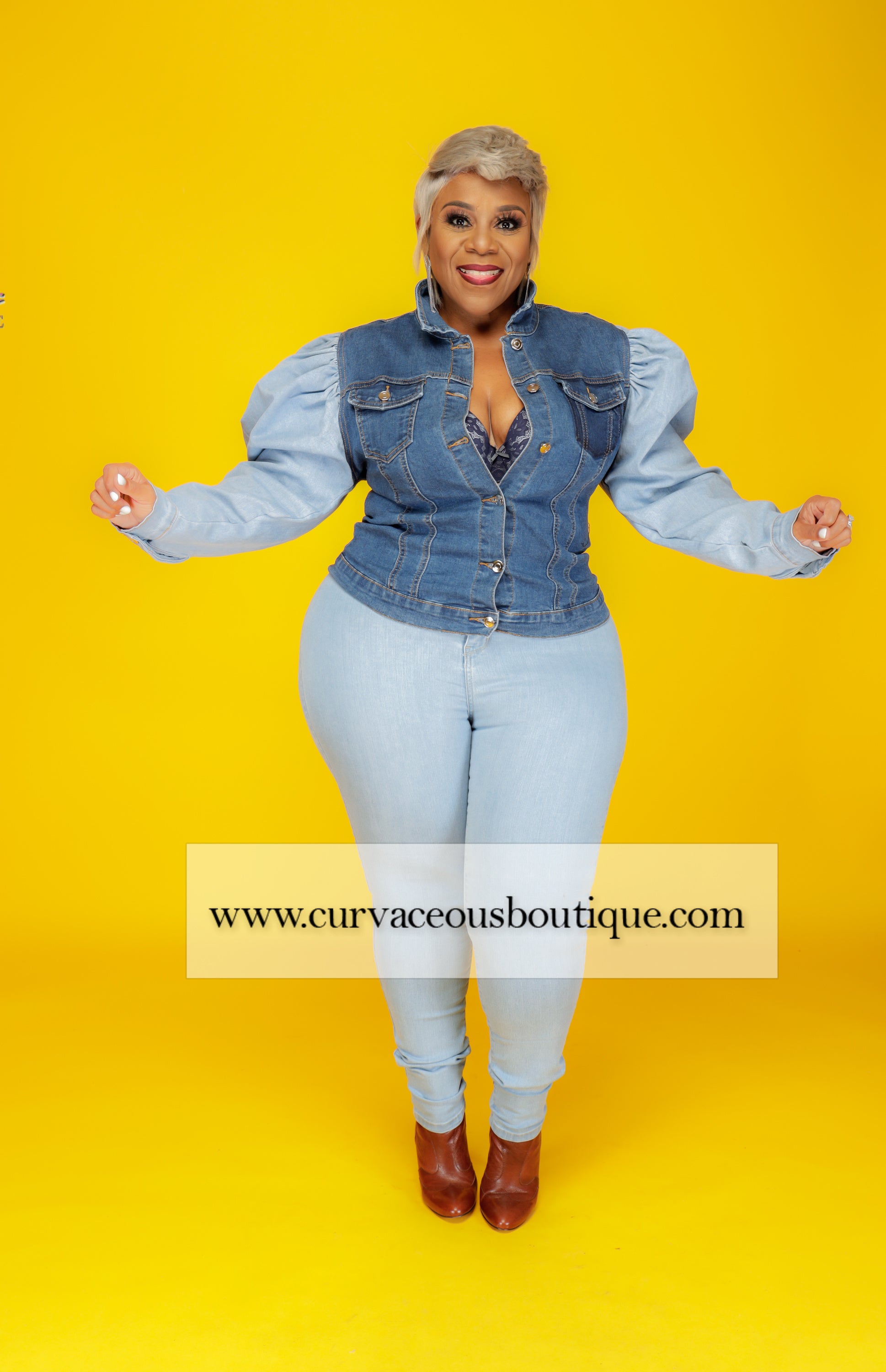 Puff sleeve denim shop jacket plus size