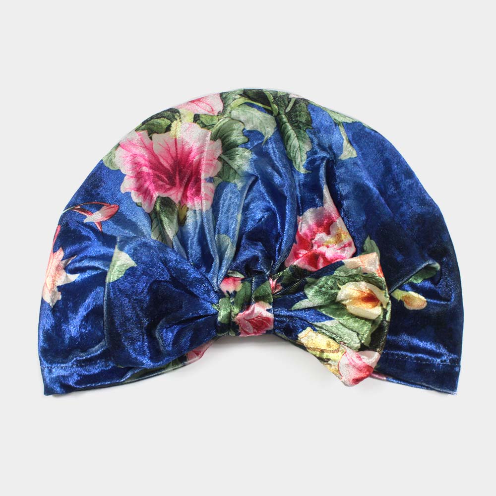 Load image into Gallery viewer, Royal Blue Floral Velvet Knot Turban
