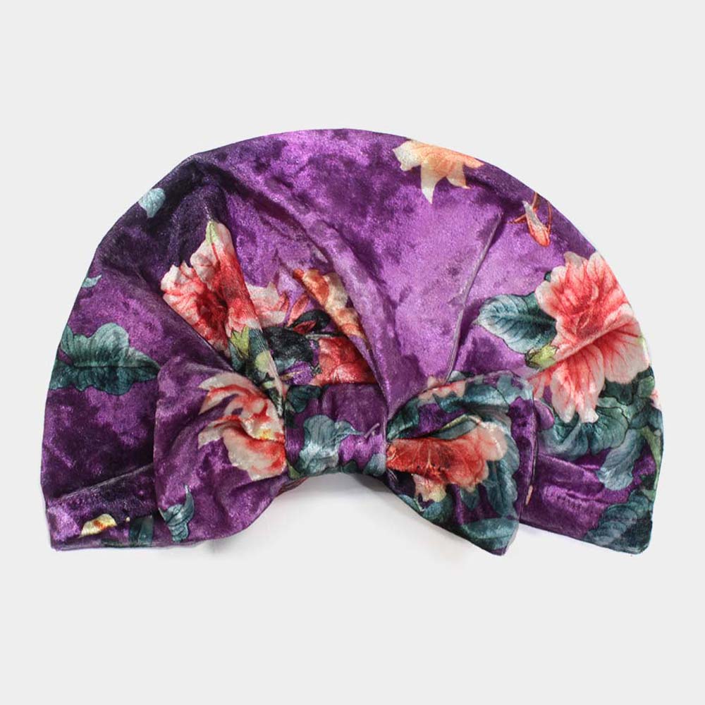 Purple Floral Velvet Knot Turban
