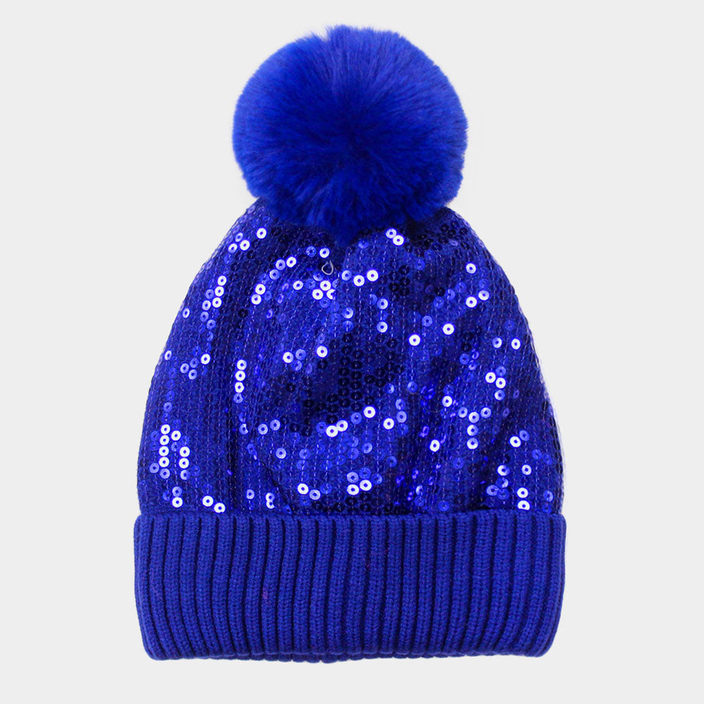Load image into Gallery viewer, Blue Sequin Pom Pom Beanie
