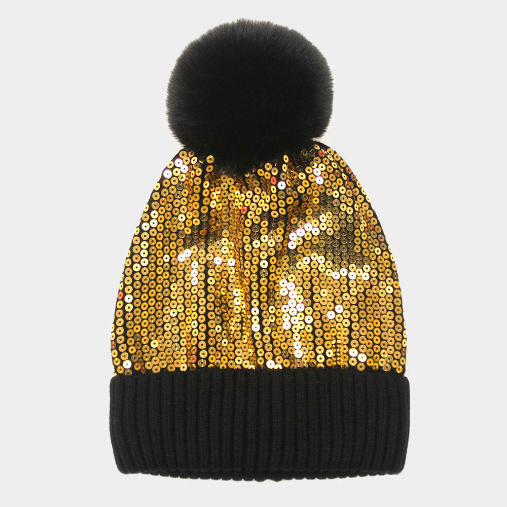 Gold Sequin Pom Pom Beanie