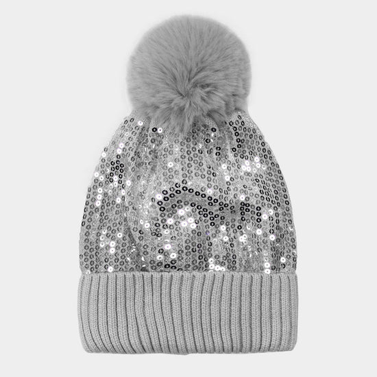 Load image into Gallery viewer, Silver Sequin Pom Pom Beanie

