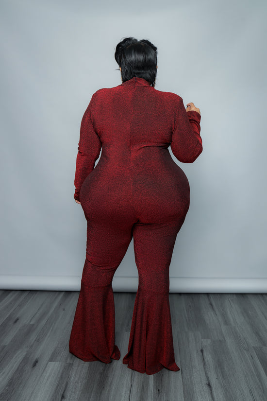 Load image into Gallery viewer, Red Shimmer Flare Jumpsuit
