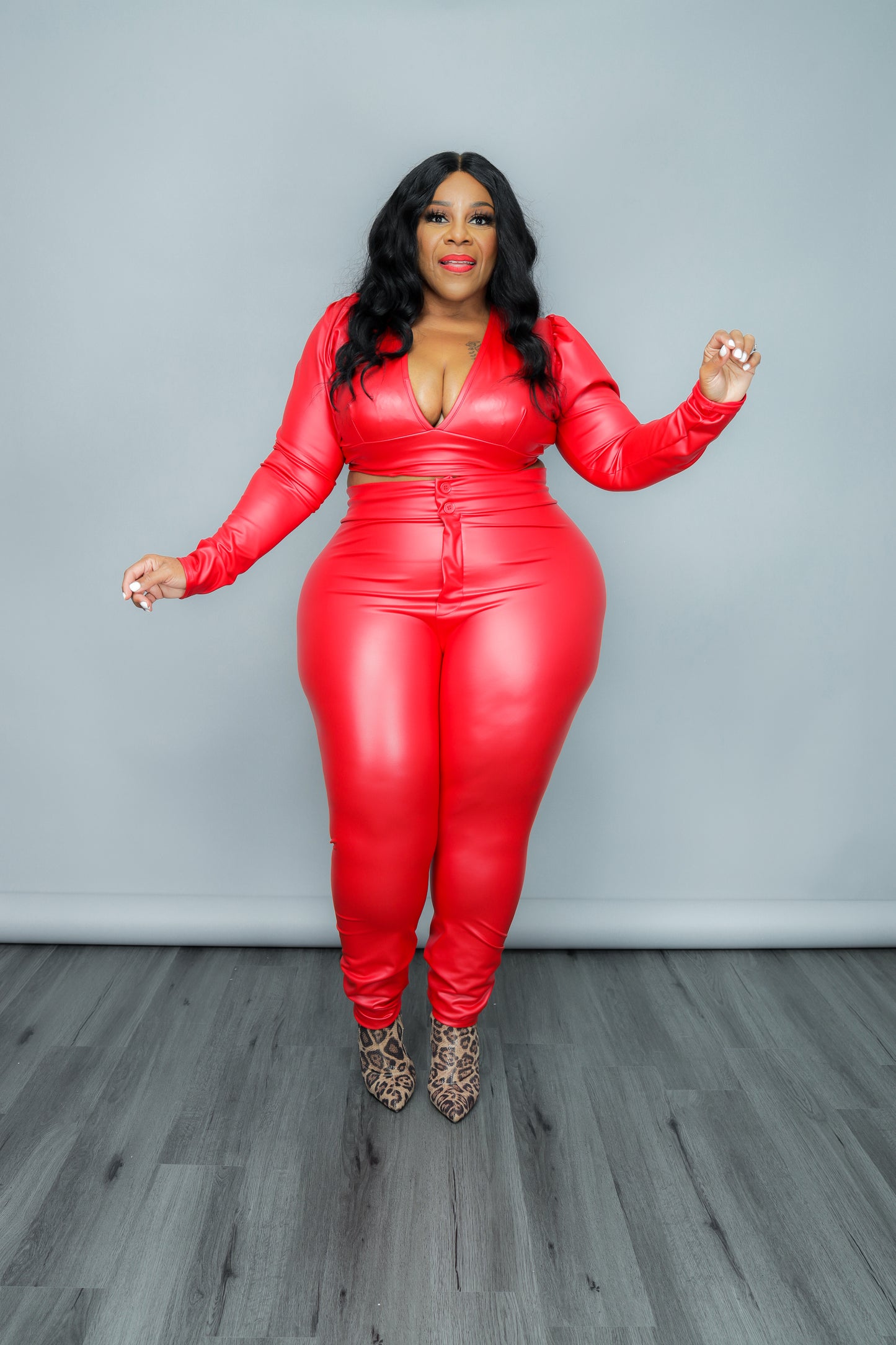 Red Button Faux Leather Leggings.