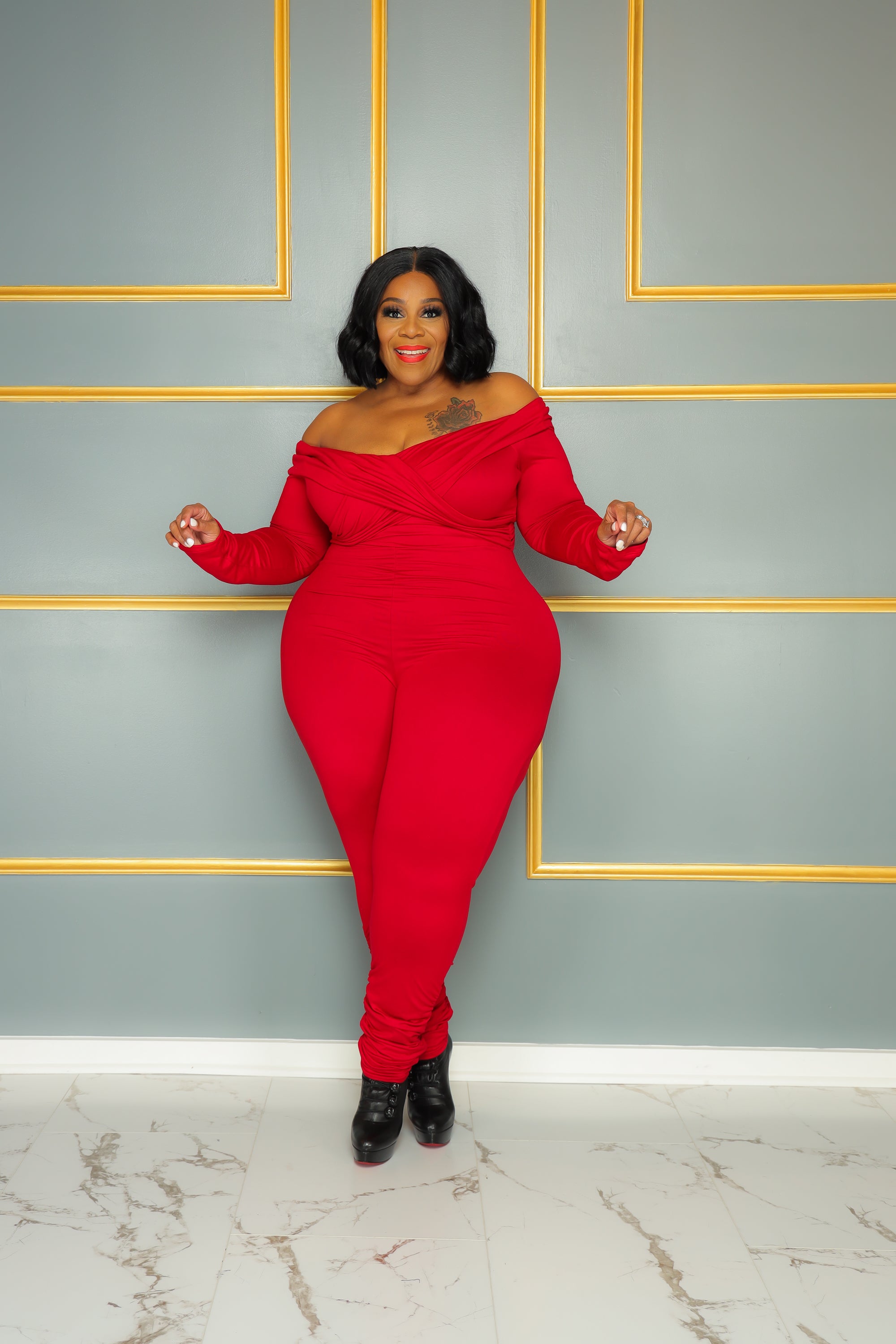 Red Off  Shoulder Catsuit