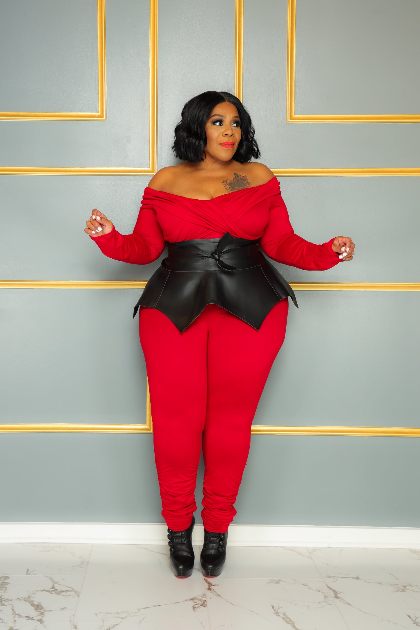Load image into Gallery viewer, Red Off  Shoulder Catsuit
