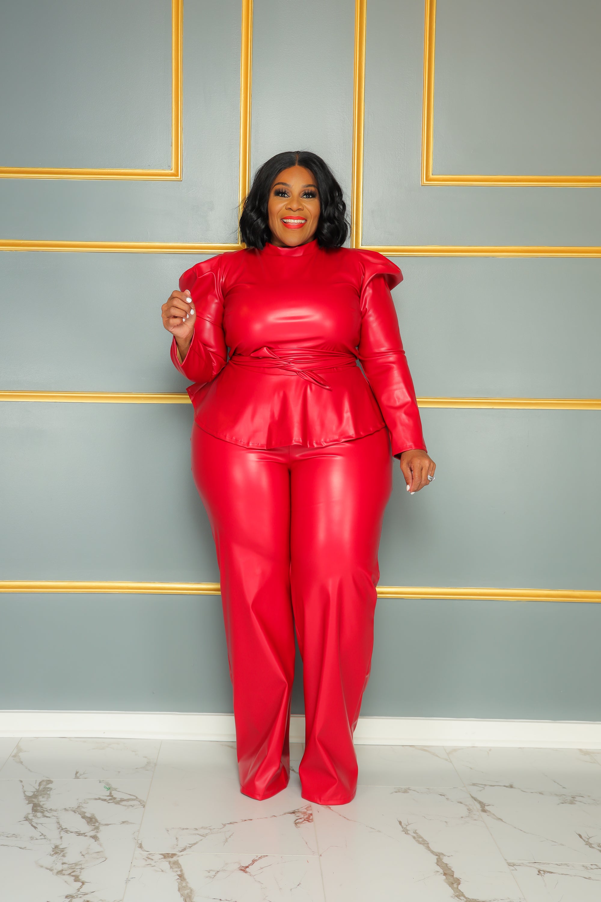 Red Faux Leather Peplum Set