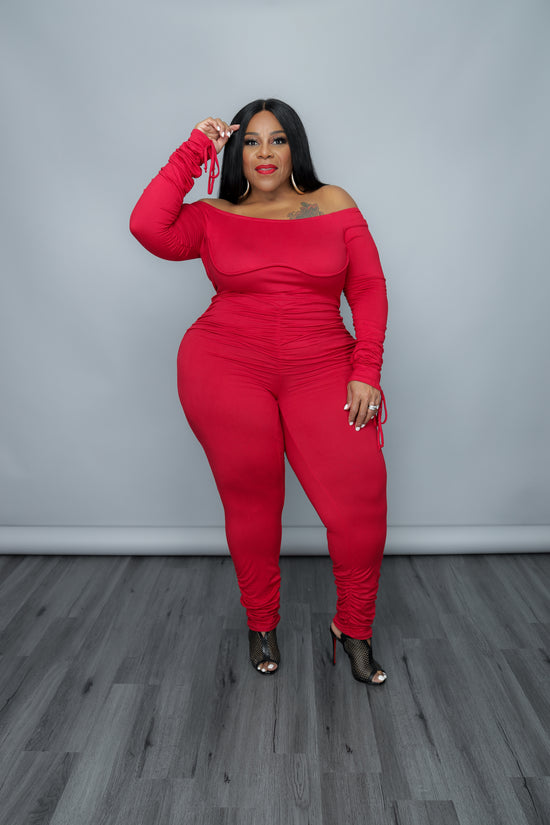 Red Ruche On Drawstring Catsuit