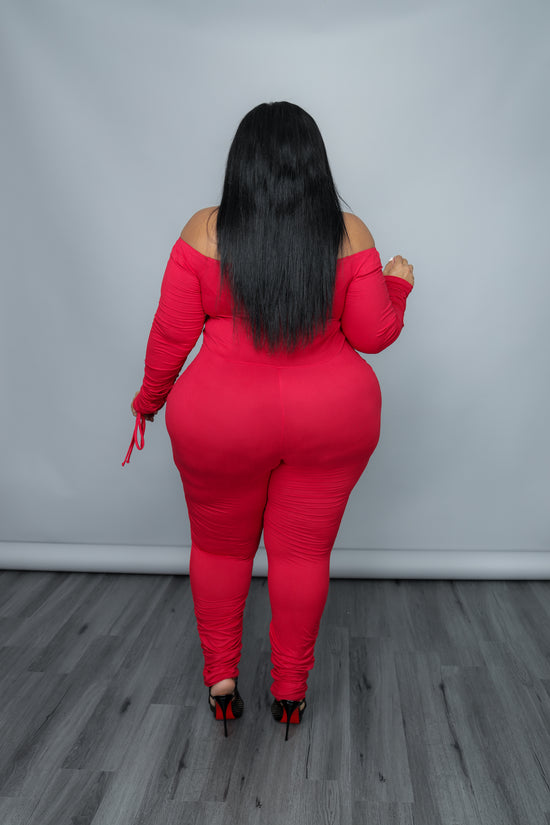 Load image into Gallery viewer, Red Ruche On Drawstring Catsuit
