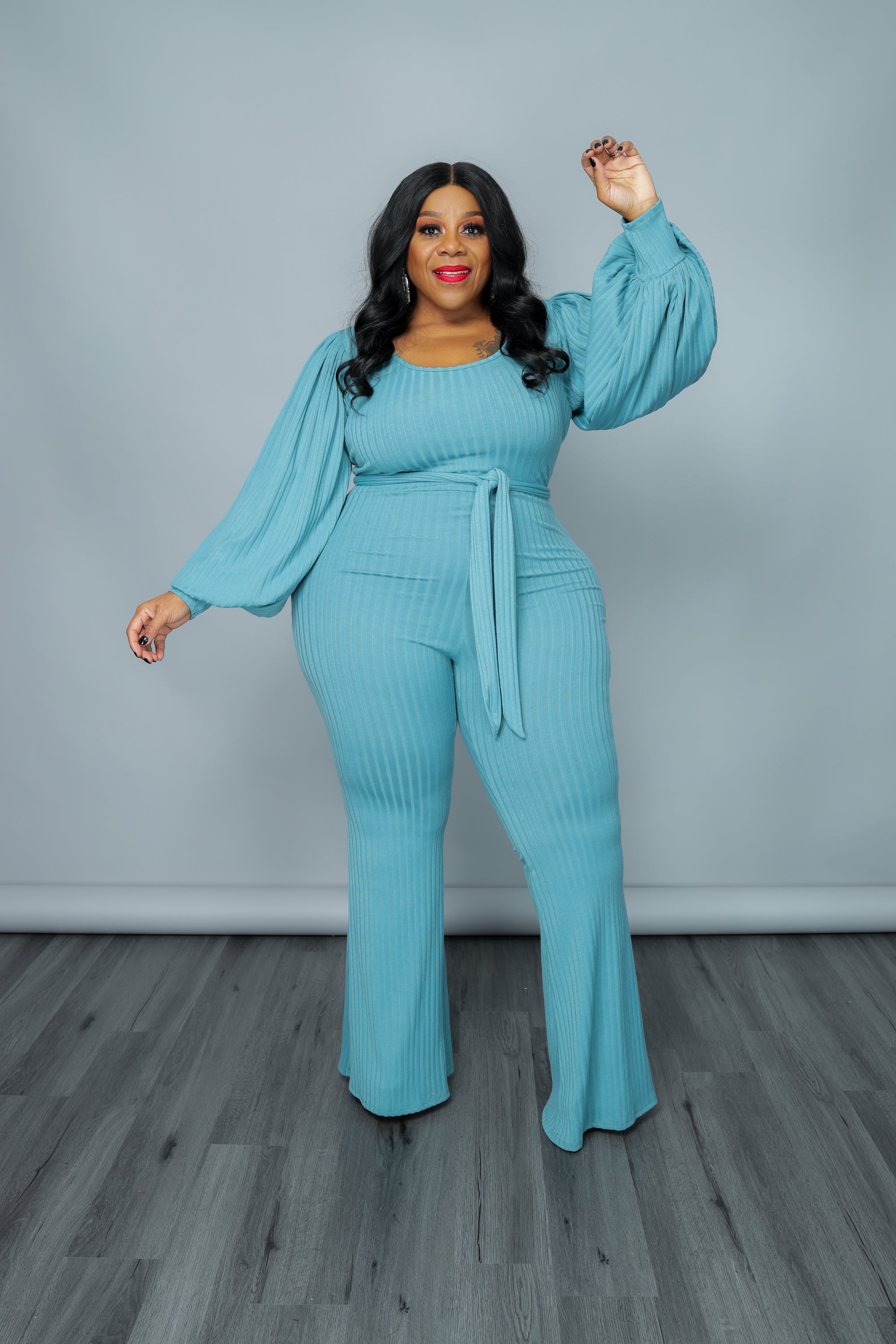 Teal Ribbed Bell Jumpsuit