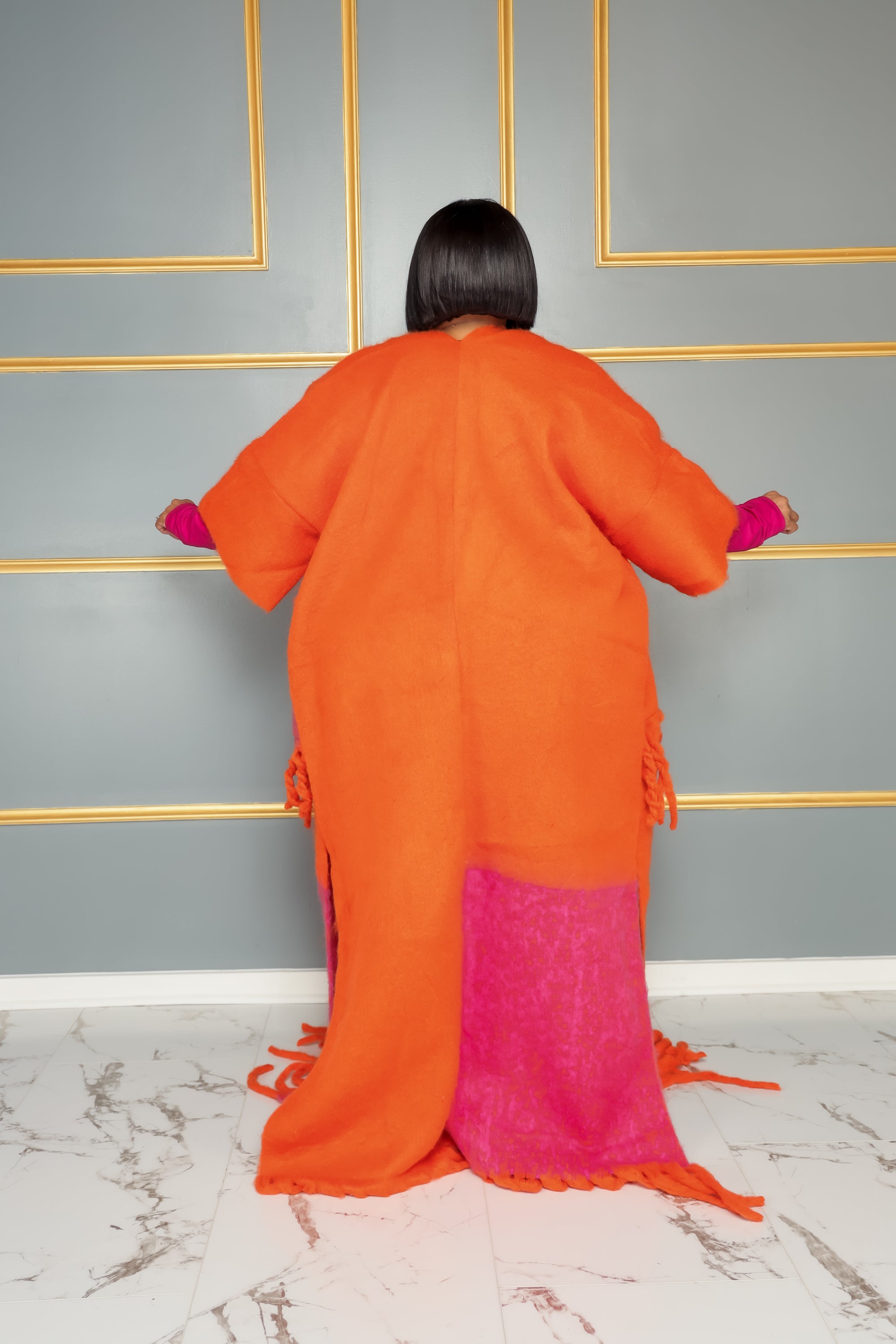 Orange & Pink Tassel Fuzzy Coat