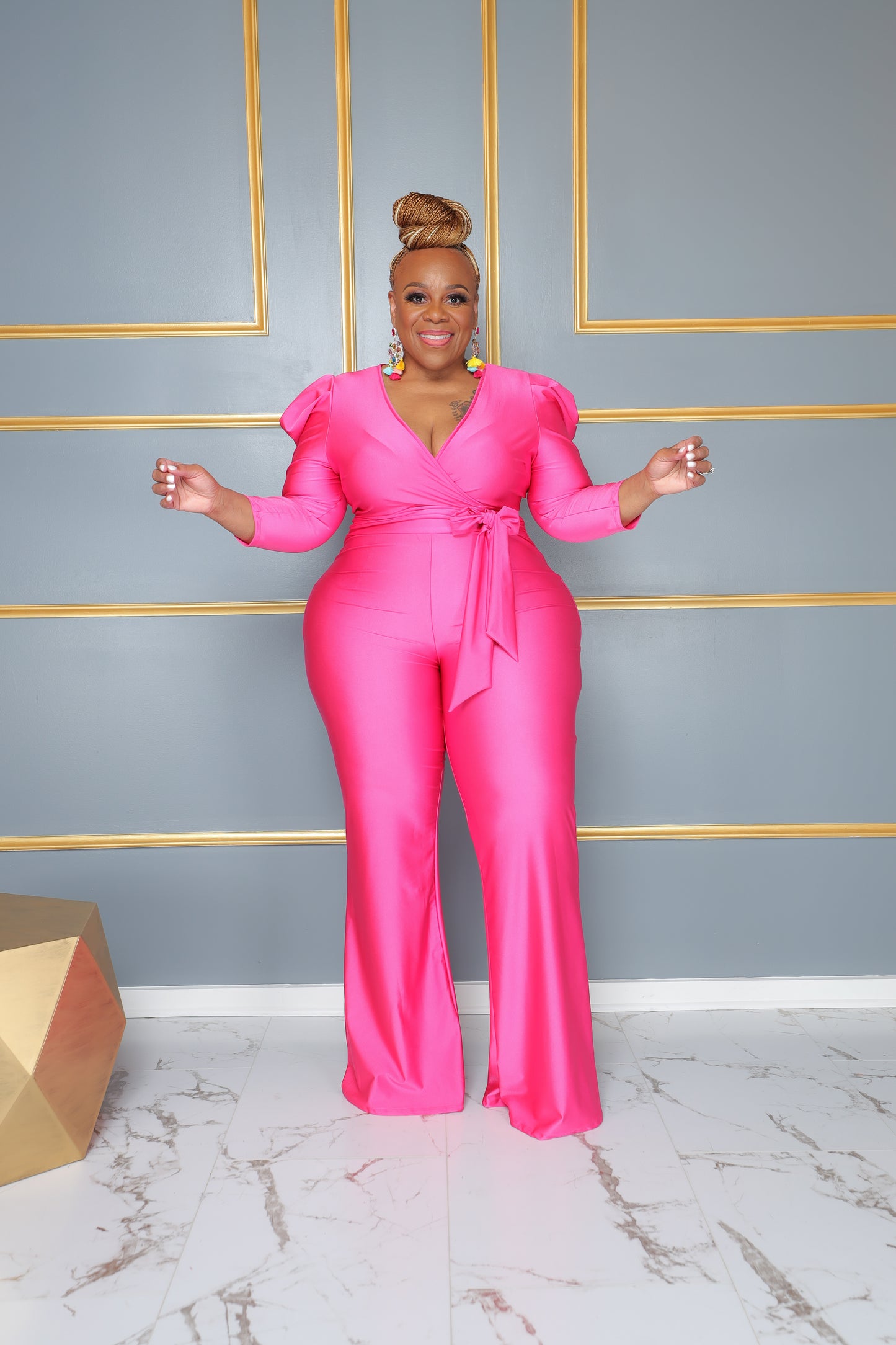 Load image into Gallery viewer, Hot Pink Draped Shoulder Jumpsuit

