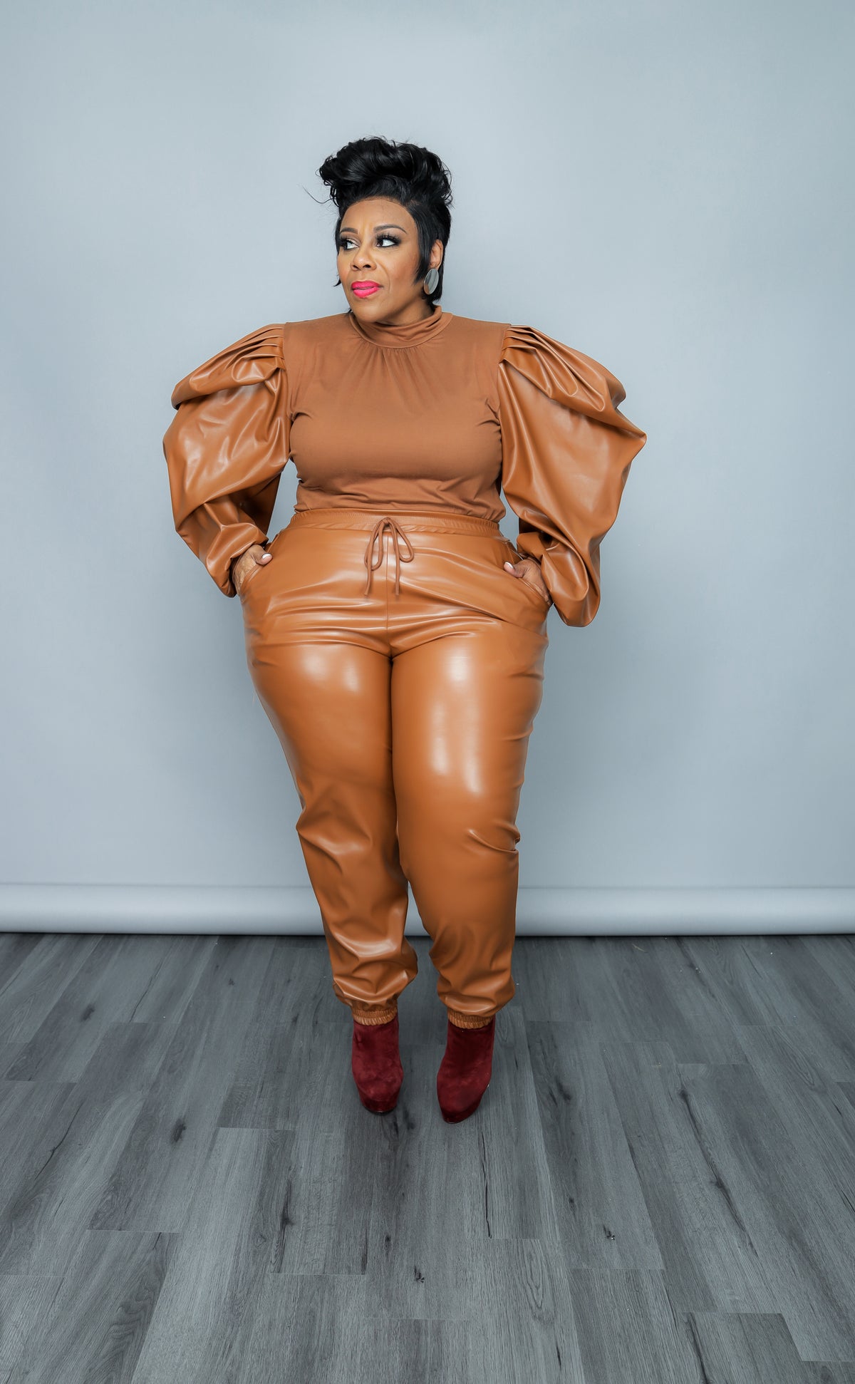 Cognac Vegan Leather Jogger Set