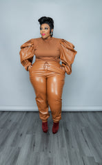 Cognac Vegan Leather Jogger Set