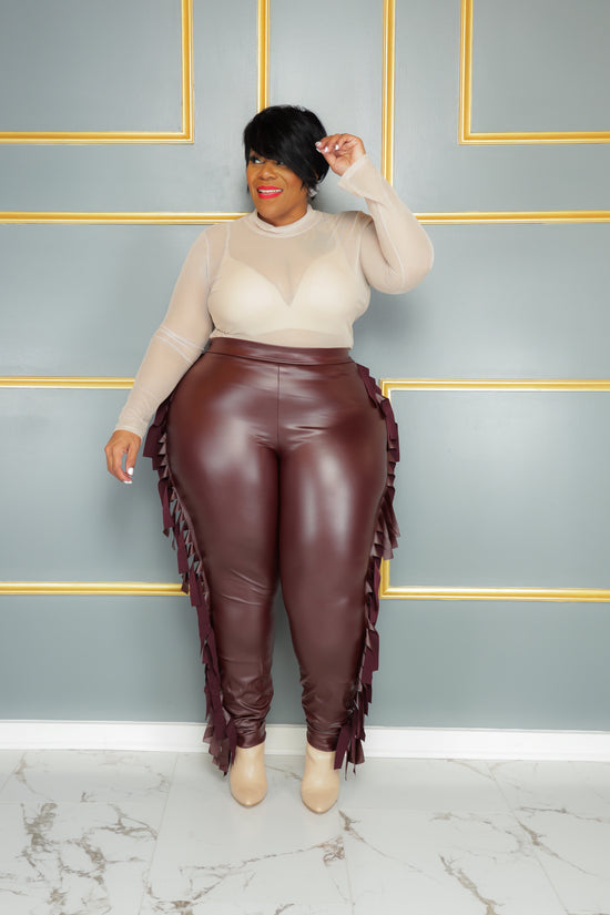 Load image into Gallery viewer, Burgundy Fringe Faux Leather Leggings
