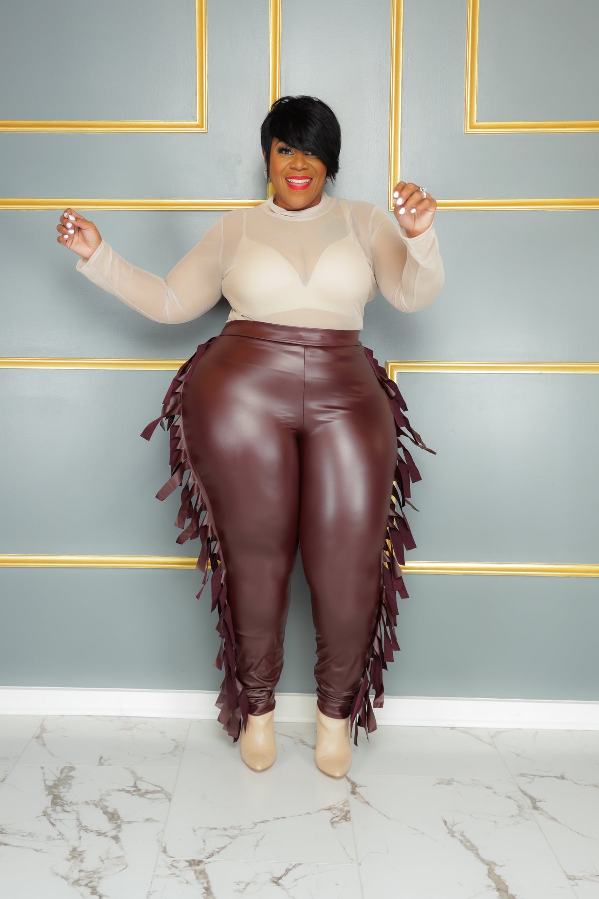 Burgundy Fringe Faux Leather Leggings