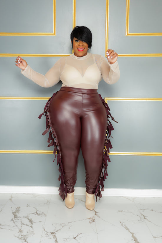 Load image into Gallery viewer, Burgundy Fringe Faux Leather Leggings

