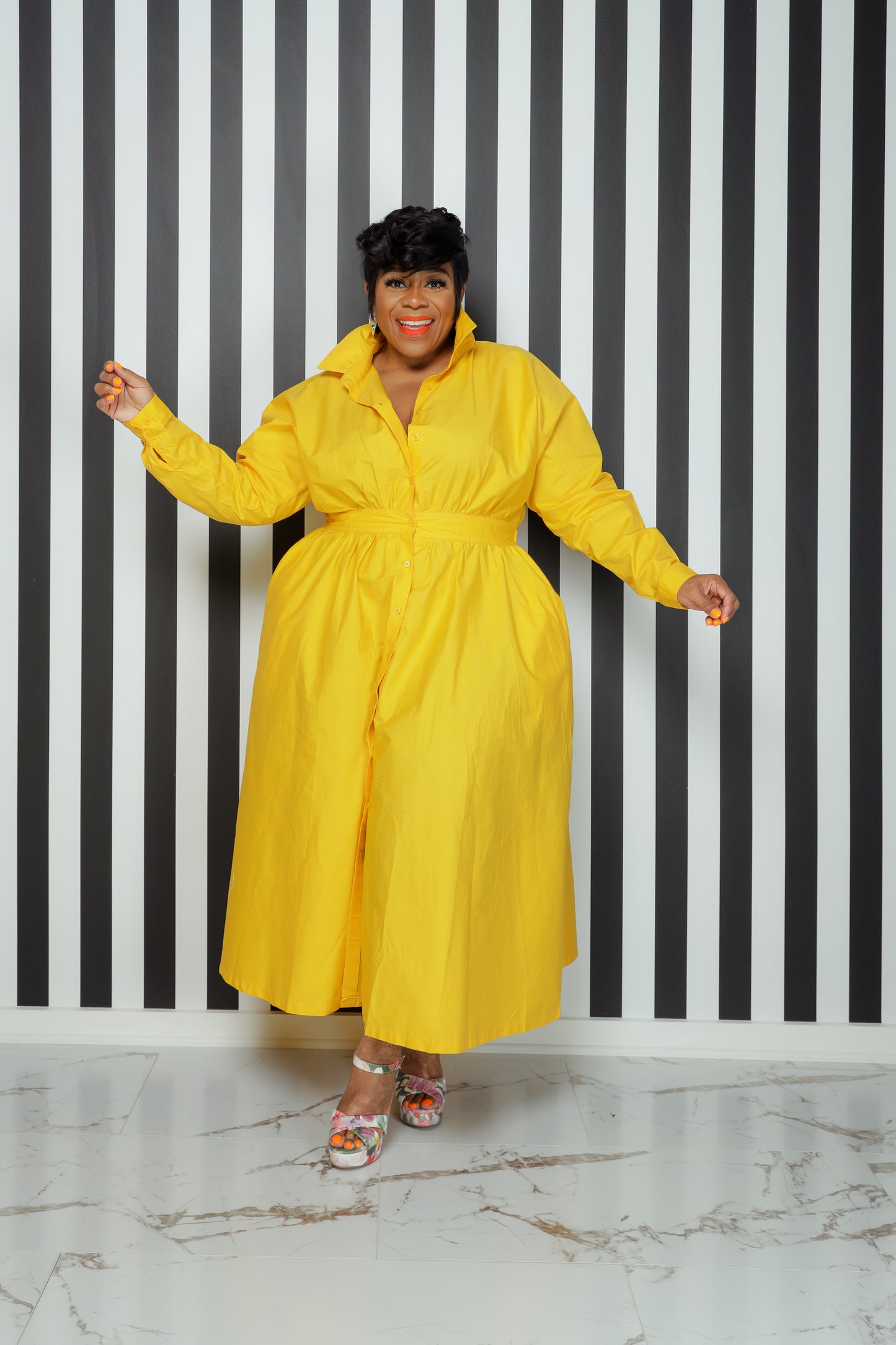 Yellow Button Up Flare Dress