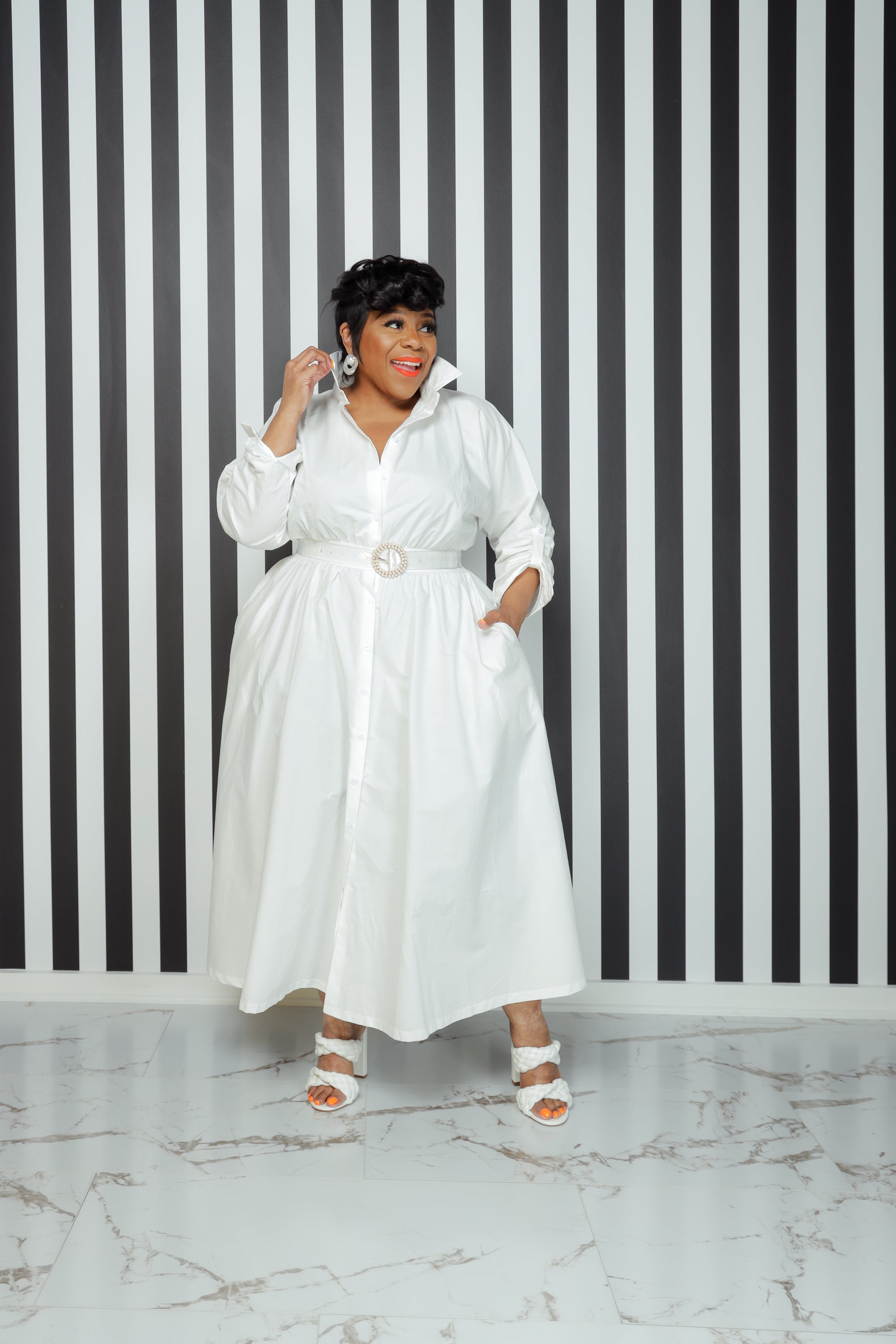 Off White Button Flare Dress