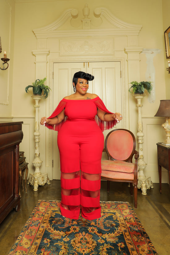 Load image into Gallery viewer, Red Gala Mesh Panel Jumpsuit
