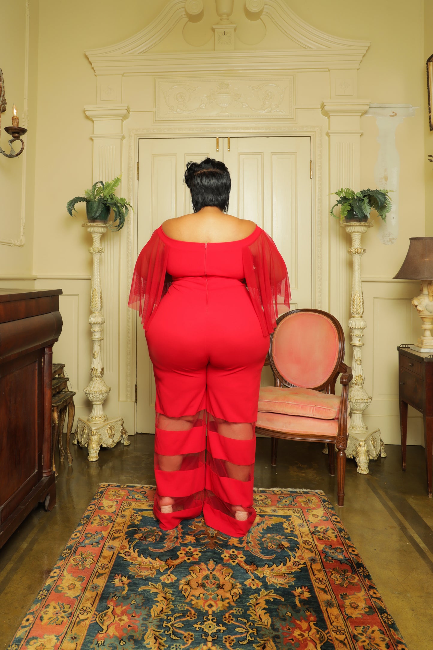 Red Gala Mesh Panel Jumpsuit