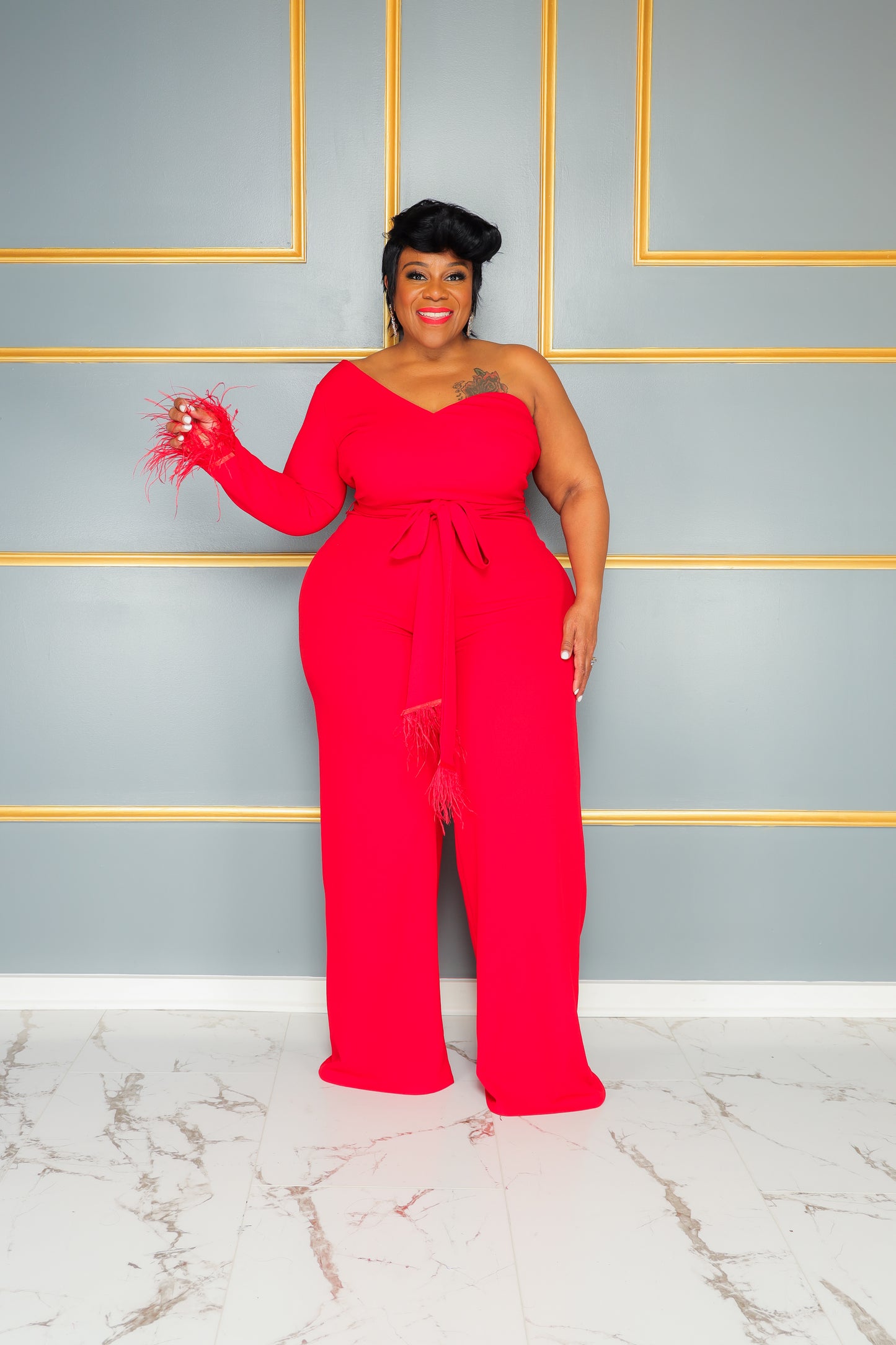 Red Fancy Feather Jumpsuit