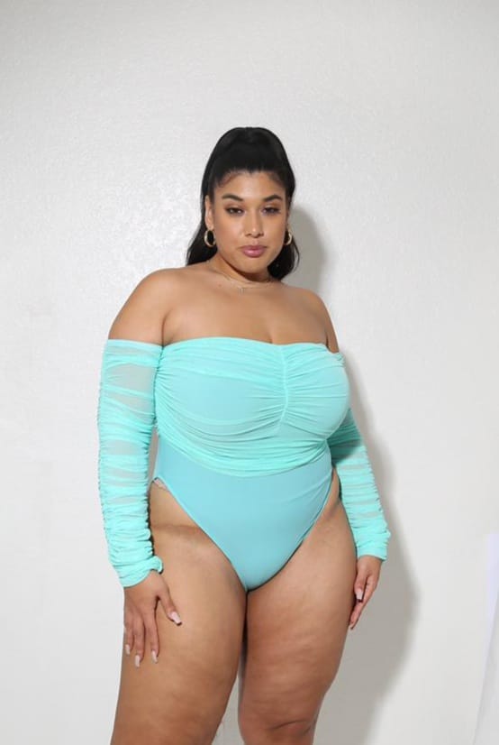 Load image into Gallery viewer, Mint Mesh Ruched Bodysuit
