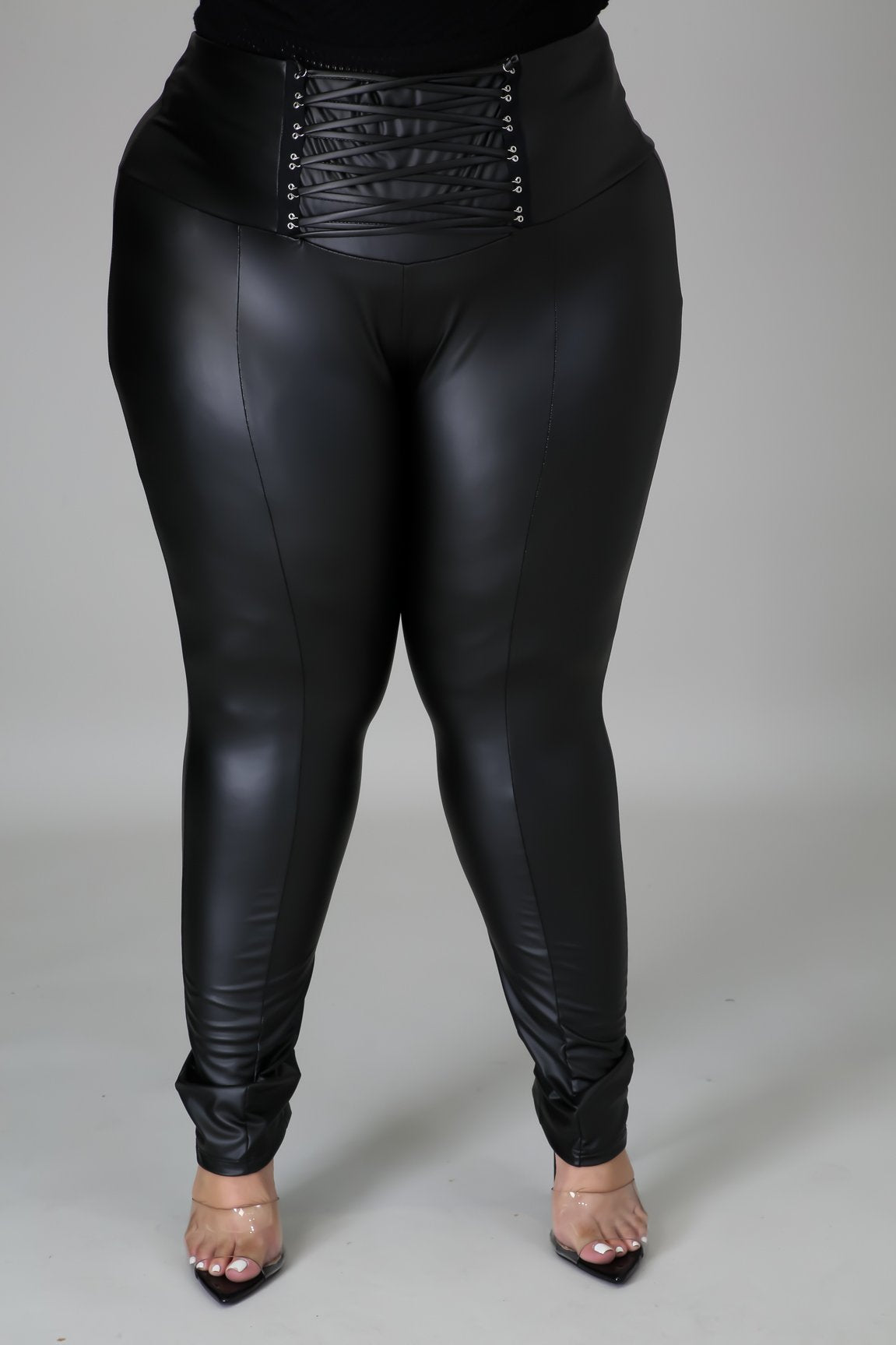 Load image into Gallery viewer, Black Lace Faux Leather Leggings
