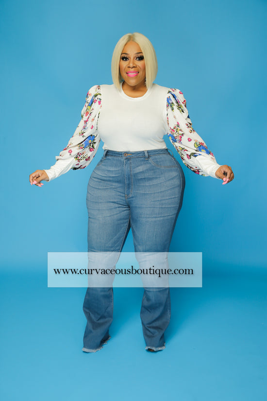 Medium Blue Raw Hem Flare Jeans