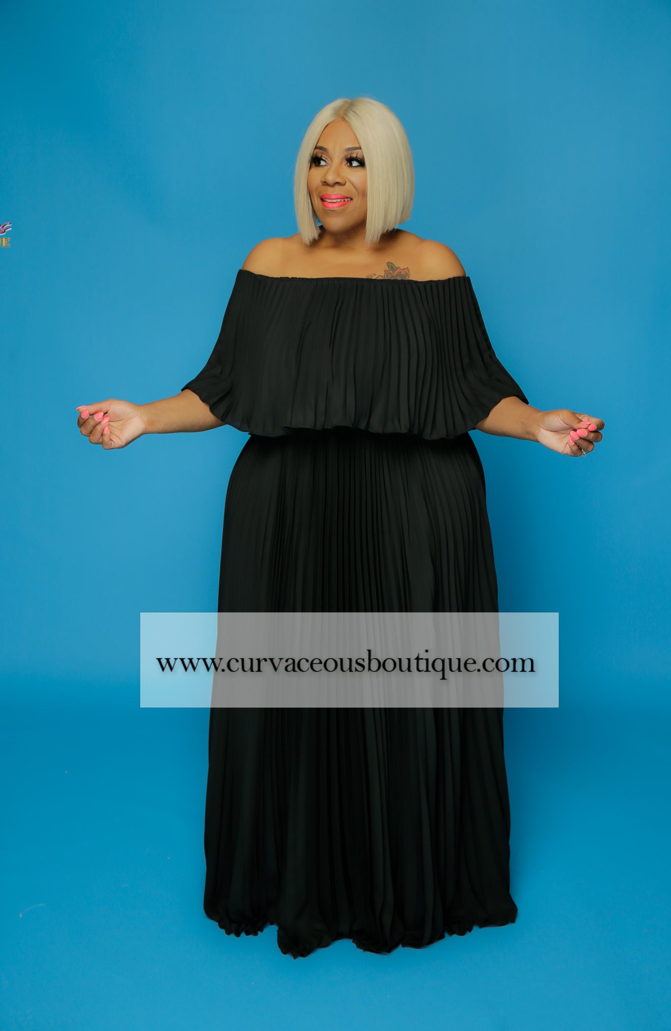 Black Tiff Pleated Off Shoulder Dress