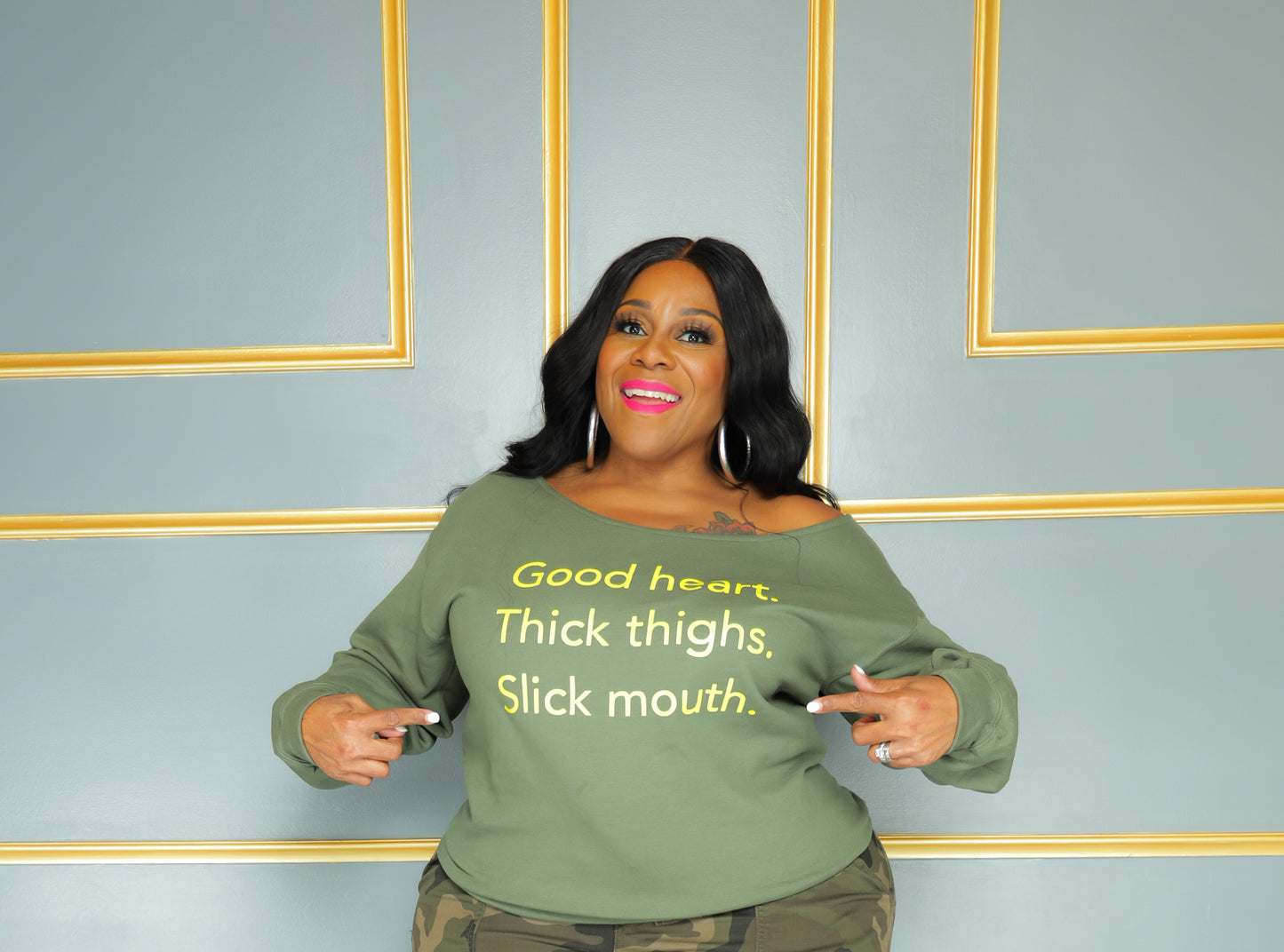 Green Good Heart Off Shoulder Sweatshirt