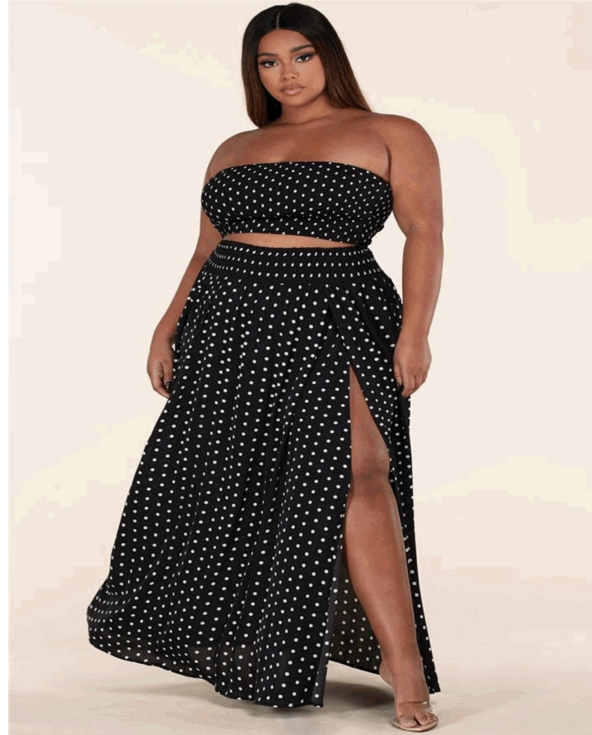 Black  Polka Dot Split Skirt Set