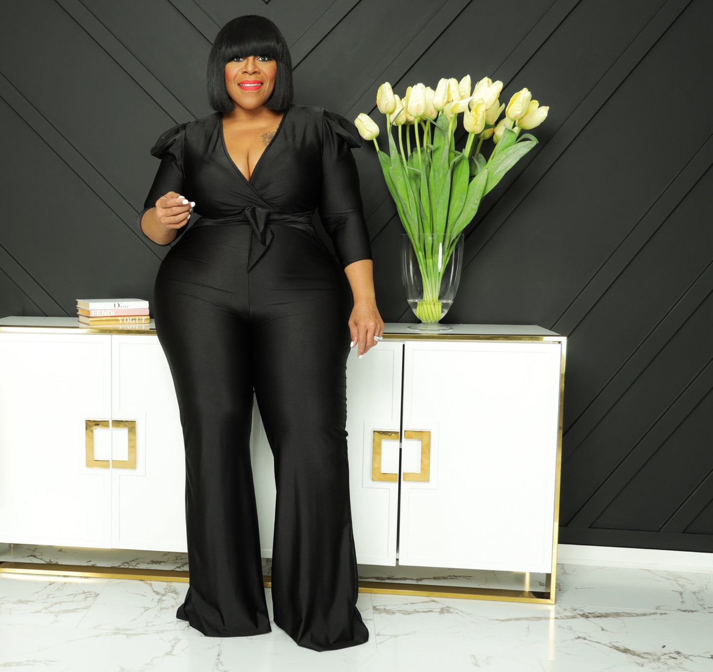 Load image into Gallery viewer, Black Draped Shoulder  Jumpsuit
