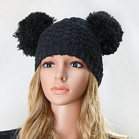 Load image into Gallery viewer, Black Double Pom Pom Beanie Hat
