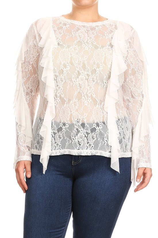 Ivory Lace Ruffle Trim Top