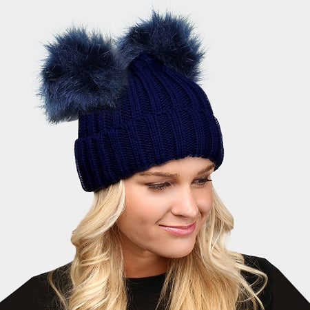 Load image into Gallery viewer, Navy Blue Fold Pom Pom Hat
